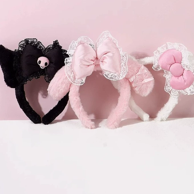 Ободок (Hello Kitty) плюшевый бант, детский демисезонный аксессуар для волос с кружевом, 3 цвета