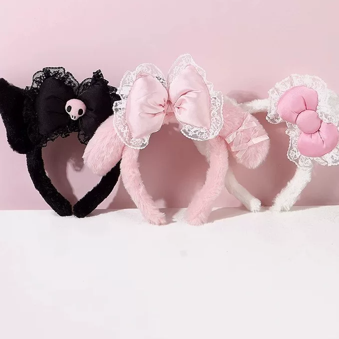 Ободок (Hello Kitty) плюшевый бант, детский демисезонный аксессуар для волос с кружевом, 3 цвета