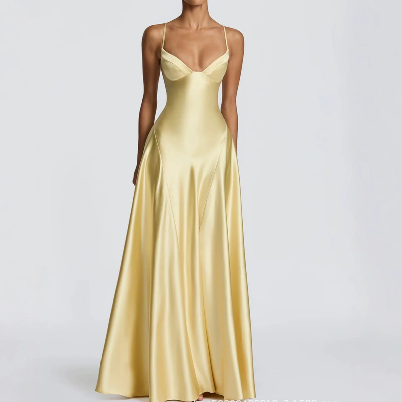 Cross-Border Women's Fashion European and American Style Satin Halter Waist-Cinching Long Evening Dress Deep V-Neck Flared Evening Gown Cross-Border Women's Fashion European and American Style Satin Halter Waist-Cinching Long Evening Dress Deep V-Neck Flared Evening Gown