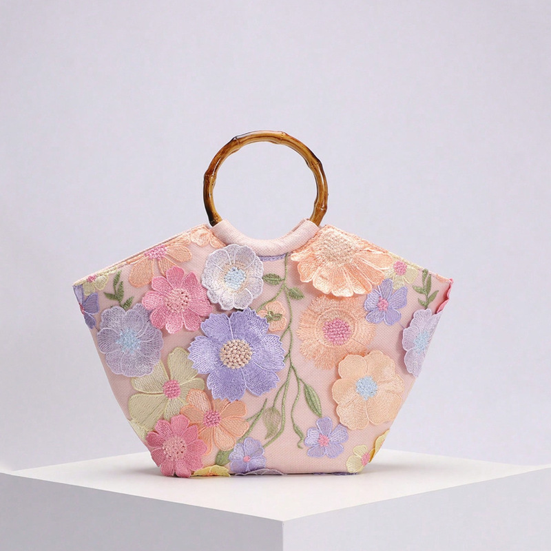 Seaside Resort Style Bag Women's New Embroidered Three-Dimensional Appliqué Sequin Flower Bamboo Handbag Elegant Tote Bag