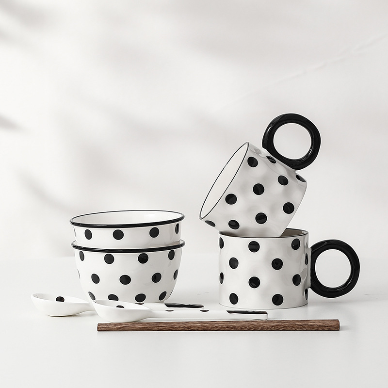 ins小香風黑色波點碗筷套裝高顏值網紅陶瓷餐具禮盒裝地產伴手禮