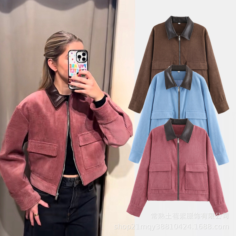 Foreign Trade Wholesale 2026 Spring and Autumn European and American Fashion Casual Corduroy Patchwork Leather Collar Jacket for Women A16001 Foreign Trade Wholesale 2026 Spring and Autumn European and American Fashion Casual Corduroy Patchwork Leather Collar Jacket for Women A16001