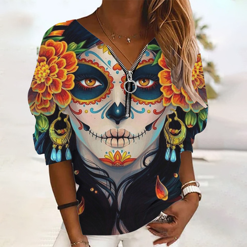 New  Autumn Amazon Halloween Print Long Sleeve Zipper Loose Casual Hoodie for Women