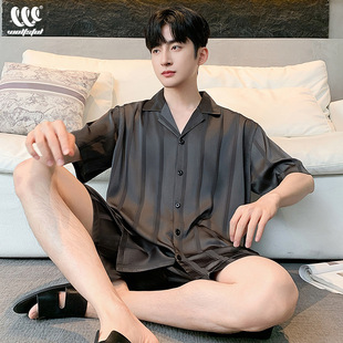 Men's Pajamas Summer Ice Silk Short-Sleeved Shorts Thin Cool Silk Casual Large Size Men's Home Wear Set
