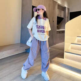 女童夏装工装运动套装2024新款中大童拼色翻领POLO衫哈伦裤两件套