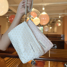 跨境淑女甜美风化妆包手拎珍珠链条收纳袋笔袋钱包手机包逛街小包