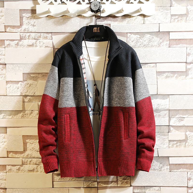 Men's Knitted Vest with Stand Collar, Fleece-Lined, Thickened, Loose High-Neck Woolen Sweater, Autumn and Winter Warm Long-Sleeve Sweater