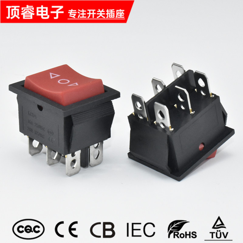 实心红黑色KCD4 六脚三档 印 ◁O▷  船型开关翘板电源开关 6脚3