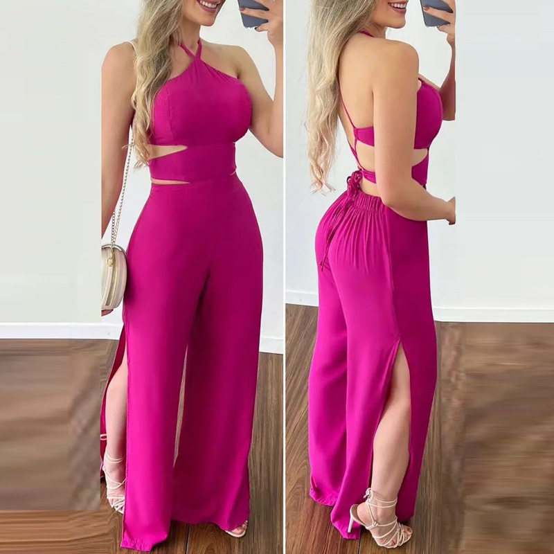 New Women's Wear Neck Hanging Sling Open Back Repair Waist Split High Waist Conjoined Pants