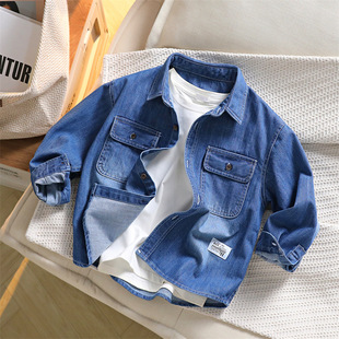 Children's Denim Shirt Big Boy's Long Sleeve Lapel Shirt Autumn Soft Waxy Solid Color Cardigan c4901