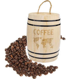 木制咖啡豆桶圆形小木桶麻绳手提盖茶叶桶普洱茶实木包装桶批发
