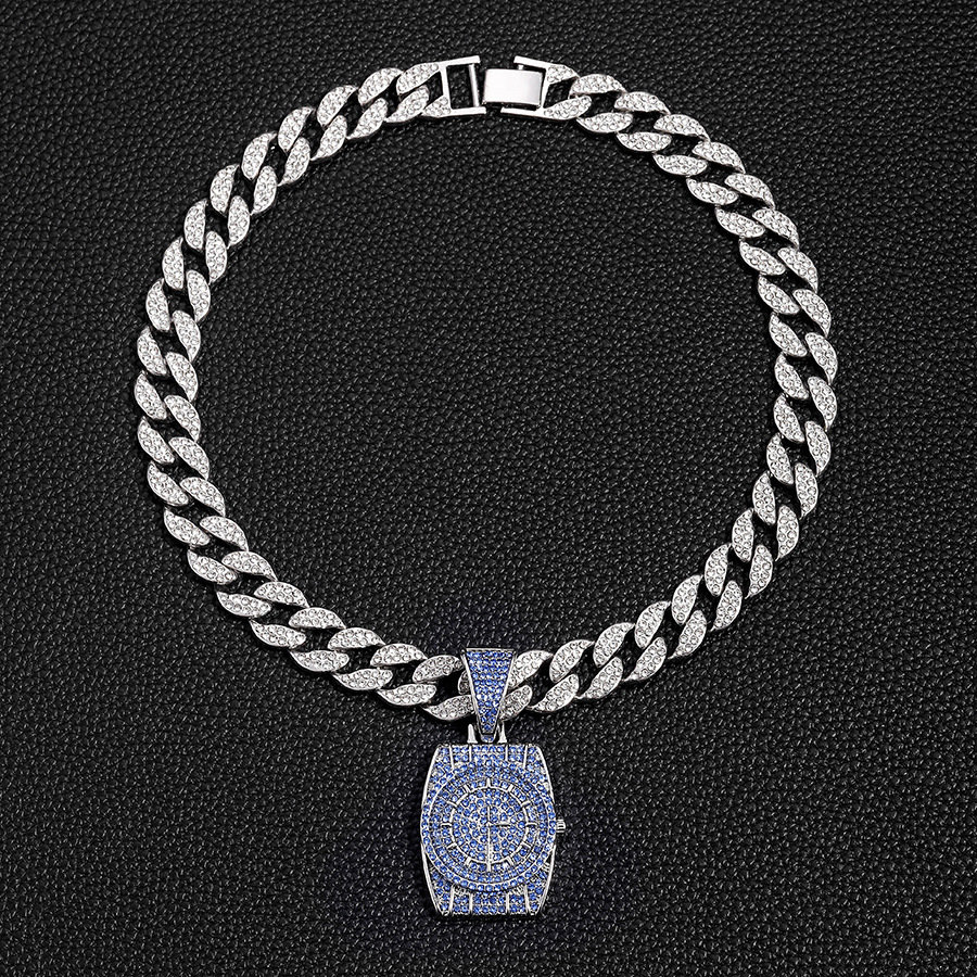 Personalized hip-hop niche blue diamond watch pendant full of diamonds, men's versatile jewelry, Cuban necklace jewelry_voghion.com