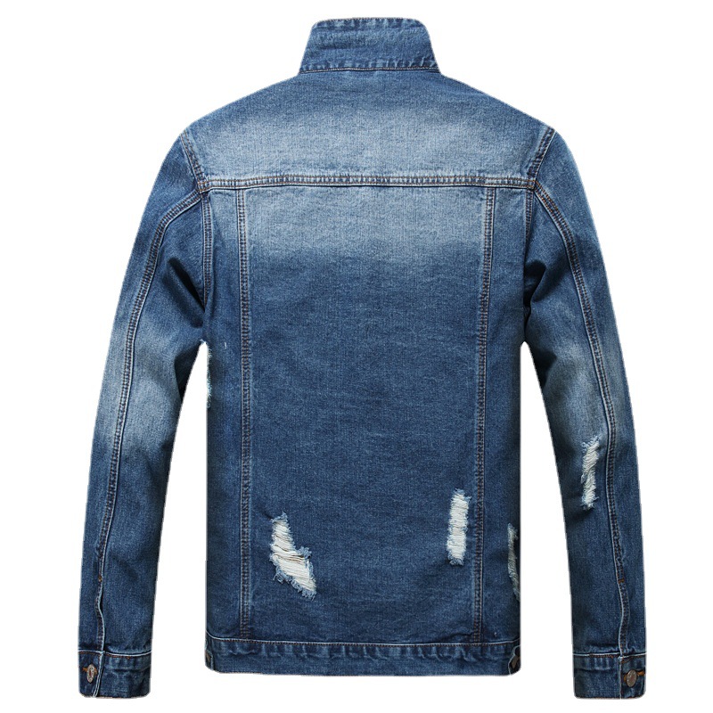 Frühlingsstil Seitennahttasche Denim Baumwolle Jugend gewöhnliche lässige blaue einreihige perforierte Jacke Männer_voghion.com