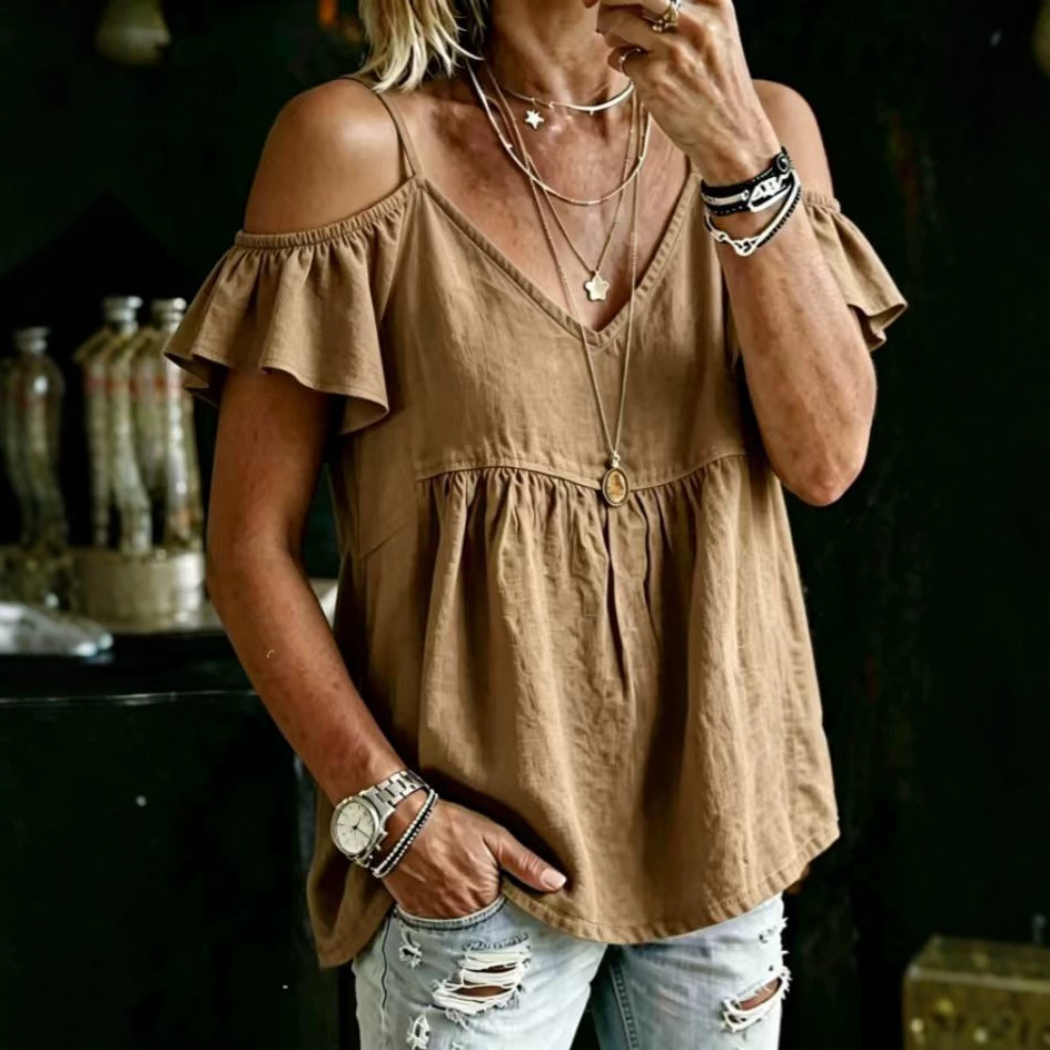 Europa y los Estados Unidos transfronterizos Amazon nuevo algodón casual, lino, manga de lótus, collar en V, camiseta de mujer, camiseta de mujer image 9