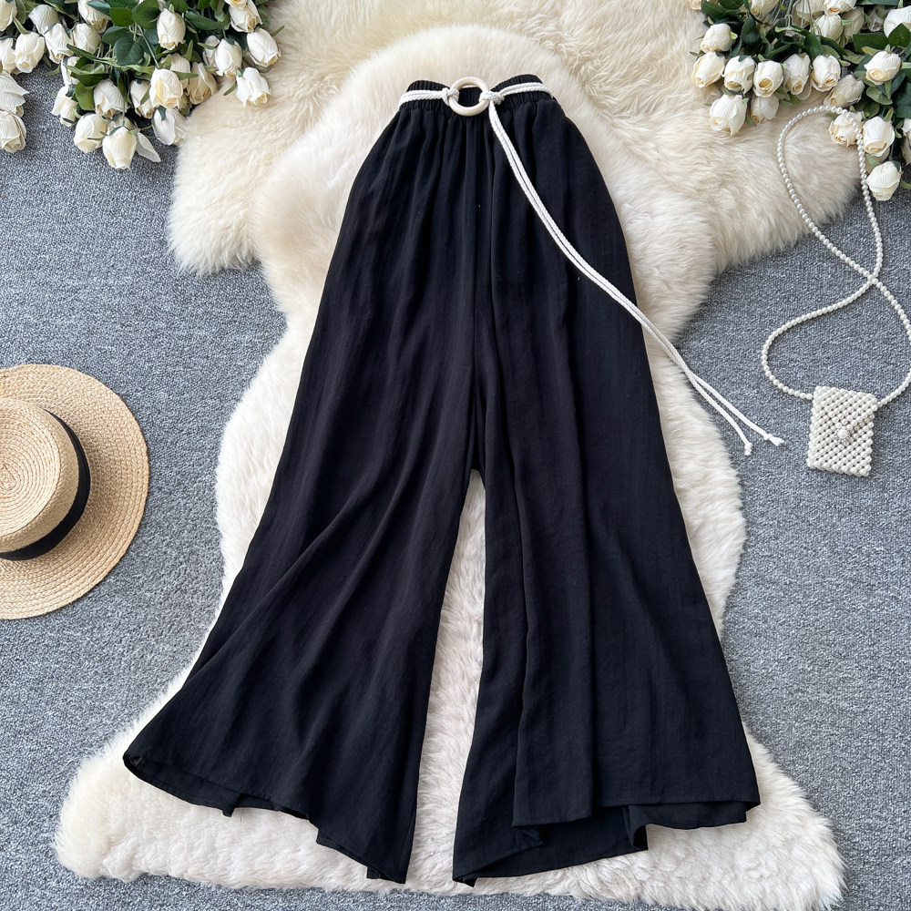 Women's High-Waisted Wide-Leg Trousers Tie Waist Retro Commuter Style Flowy Drapery Relaxed Fit Casual Pants_ecoleips.com