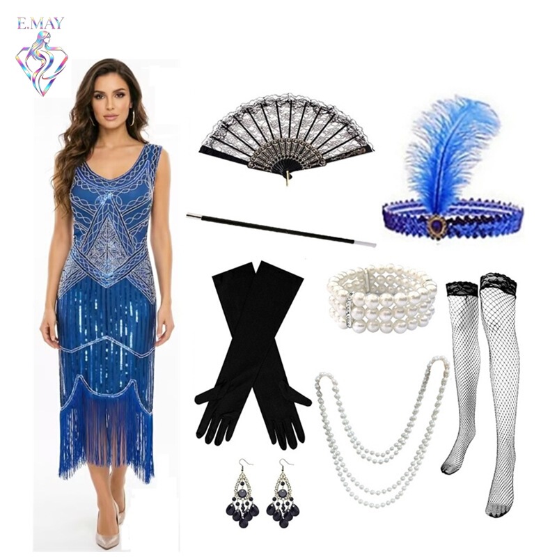 1920S Retro Sequin Dress Gatsby Dinner Party Evening Gown Feather Headdress Necklace Gatsby Set 1920S Retro Sequin Dress Gatsby Dinner Party Evening Gown Feather Headdress Necklace Gatsby Set