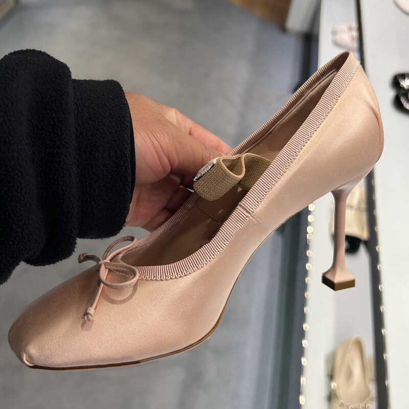 Miu Same Style Ballet Shoes 2025 Spring & Fall New Round Toe Mary Jane Bow High Heels Women's Stiletto Heels