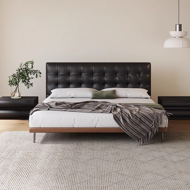 Camas de cuero minimalistas italianas, camas de waffle negras modernas y simples, camas de casado retrógradas, camas de cama de lado, camas de nube