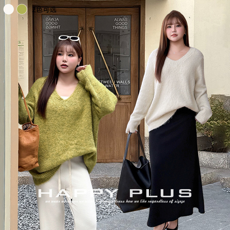Ruiqi Large Size Alpaca Wool Loose Lazy V-Neck Patterned Sweater 9415 Autumn/Winter Casual Barn Style Warm Knitwear