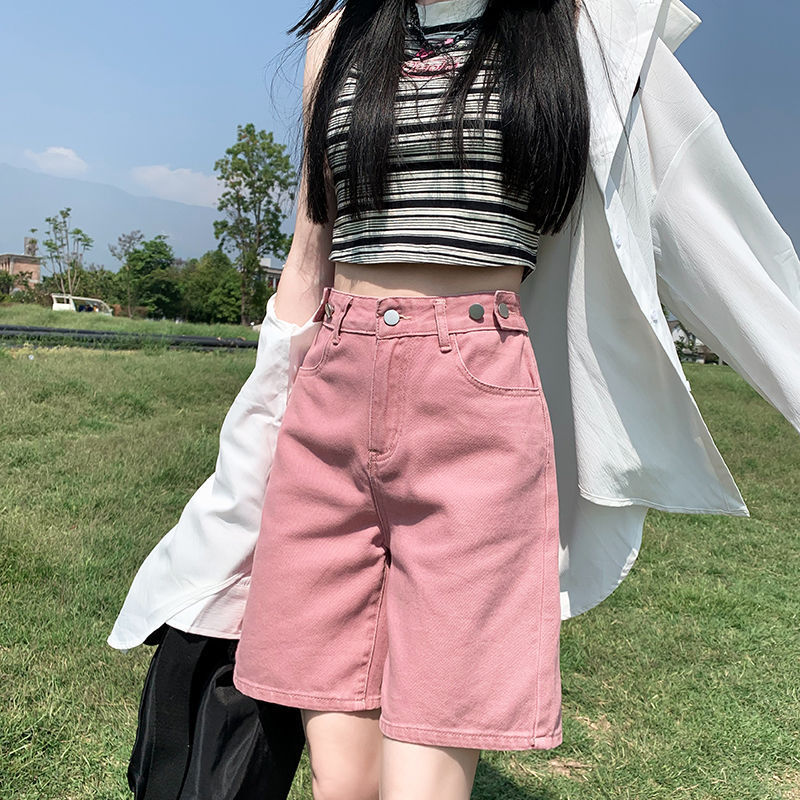 Five Points Denim Shorts Women's Summer 2024 New Dirty Pink High Waist Loose Casual All-match Slimming Wide Leg Pants