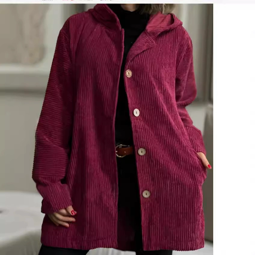 Европейская и американская трансграничная осенне-зимняя новая женская вельветовая повседневная свободная куртка с капюшоном