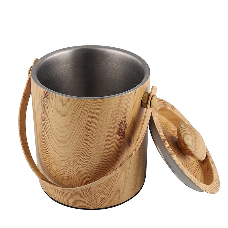 Fábrica al por mayor de acero inoxidable cubo de hielo de grano de madera con tapa de doble capa de barril aislado 1.0L cerveza cubo de hielo bar hotel suministros