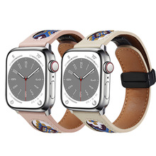适用苹果apple watch手表真皮表带开窗花拼色磁吸扣iwatch表带
