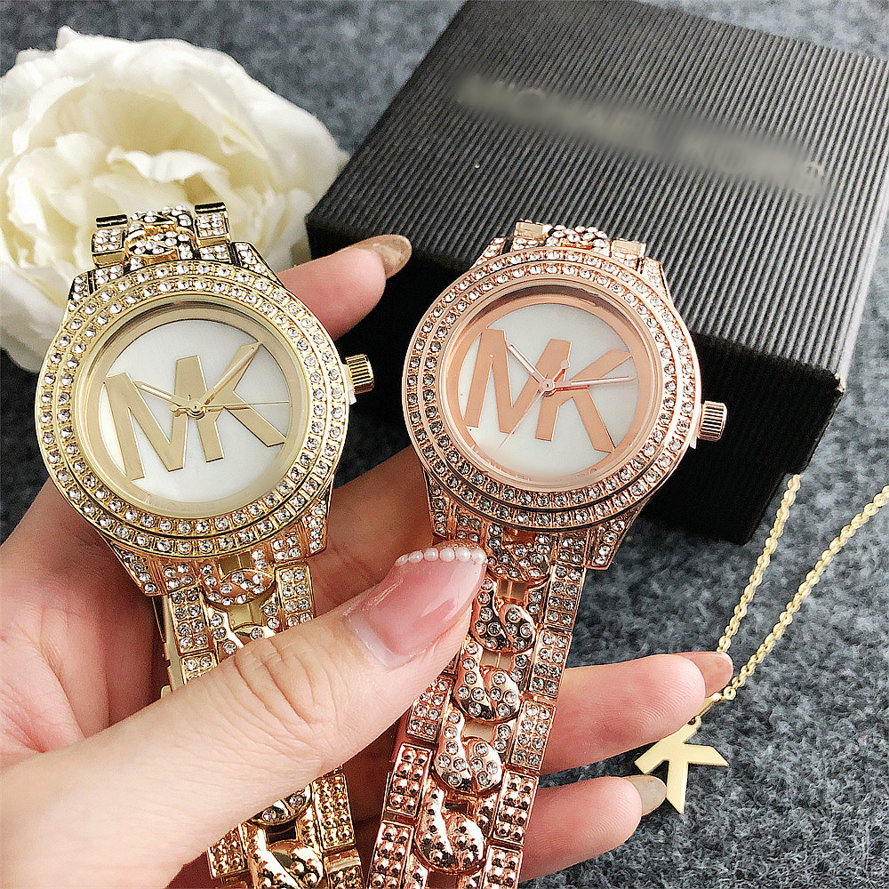 Gold Retro Watch for Women, Round Luxury Full Diamond Alloy Watch, Mother-Of-Pearl Face, Simple Letters, Large Dial Women's Watch