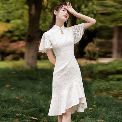 Ivory French retro Chinese dress qipao dress for women girls stage performance photos shooting cheongsam dress women retro cheongsam