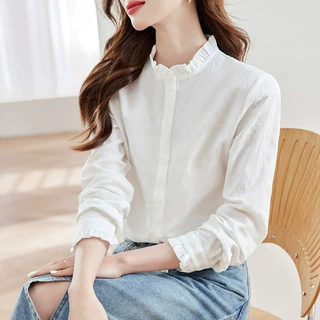【定制】 木耳领白衬衫女长袖2026春秋新款纯棉刺绣上衣修身