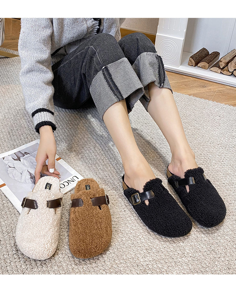 Dép nửa gót bít mũi lông xù kiểu Birkenstock cổ điển cho nữ, mũi tròn — Màu nâu, Màu trắng sữa, Màu đen chi tiết 27