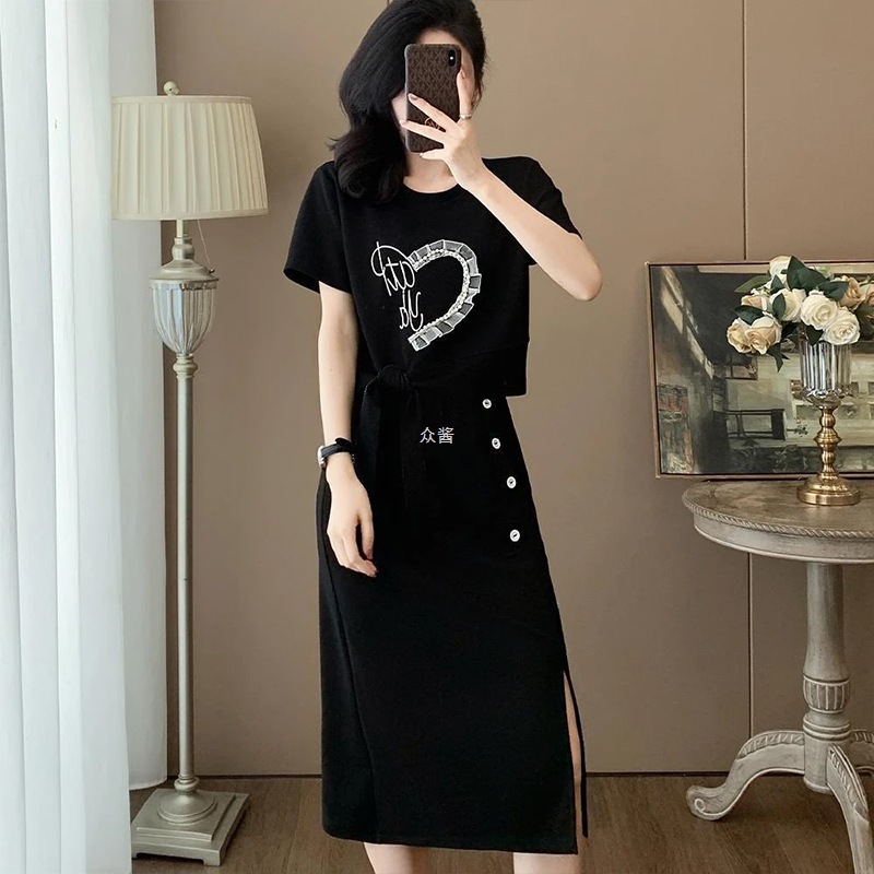 休闲连衣裙女两件套夏季2025新款时尚套装裙显瘦气质减龄开叉裙子