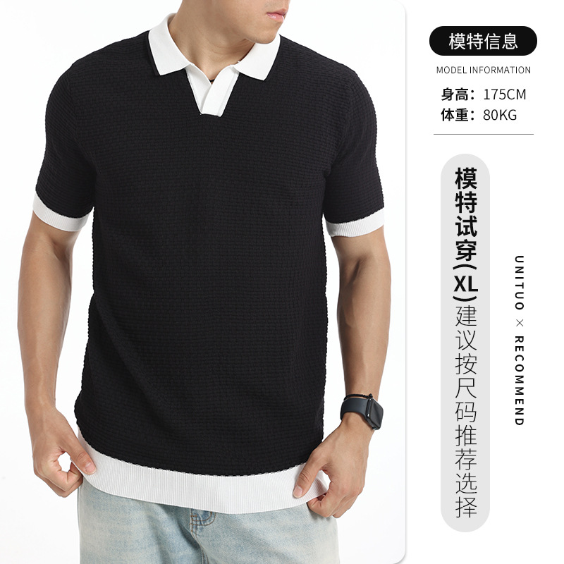 Hombres de alto nivel de seda de hielo gaviota cuello polo camiseta de manga corta hombre cuello en V contraste waffle jersey de negocios camiseta casual