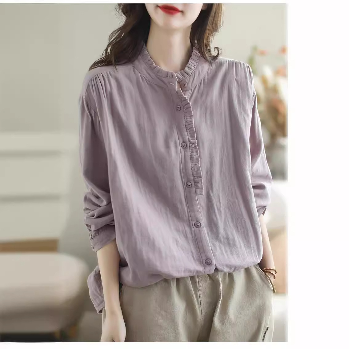 Women's Cotton Linen Long-sleeved Shirt Women's Spring and Autumn Solid Color Retro Loose Fashion Stitching All-match Slim Shirt Women