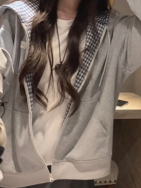 2025格子拼接开衫卫衣女夏季季宽松慵懒风oversize连帽外套潮|undefined