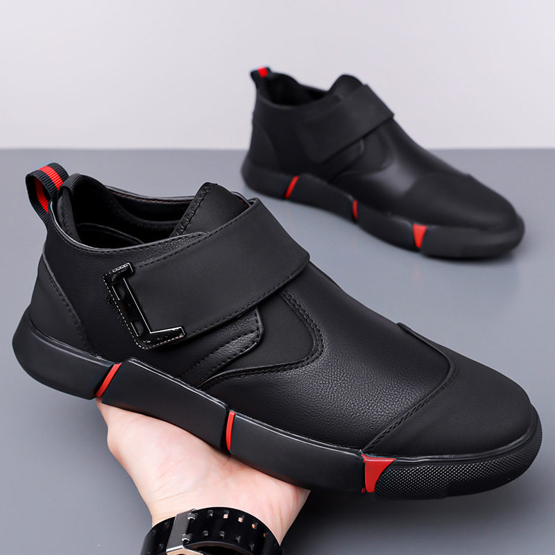 Giày lười nam da PU mũi tròn khóa Velcro chống trượt, đế cao 3 cm — Kaki, Màu đen