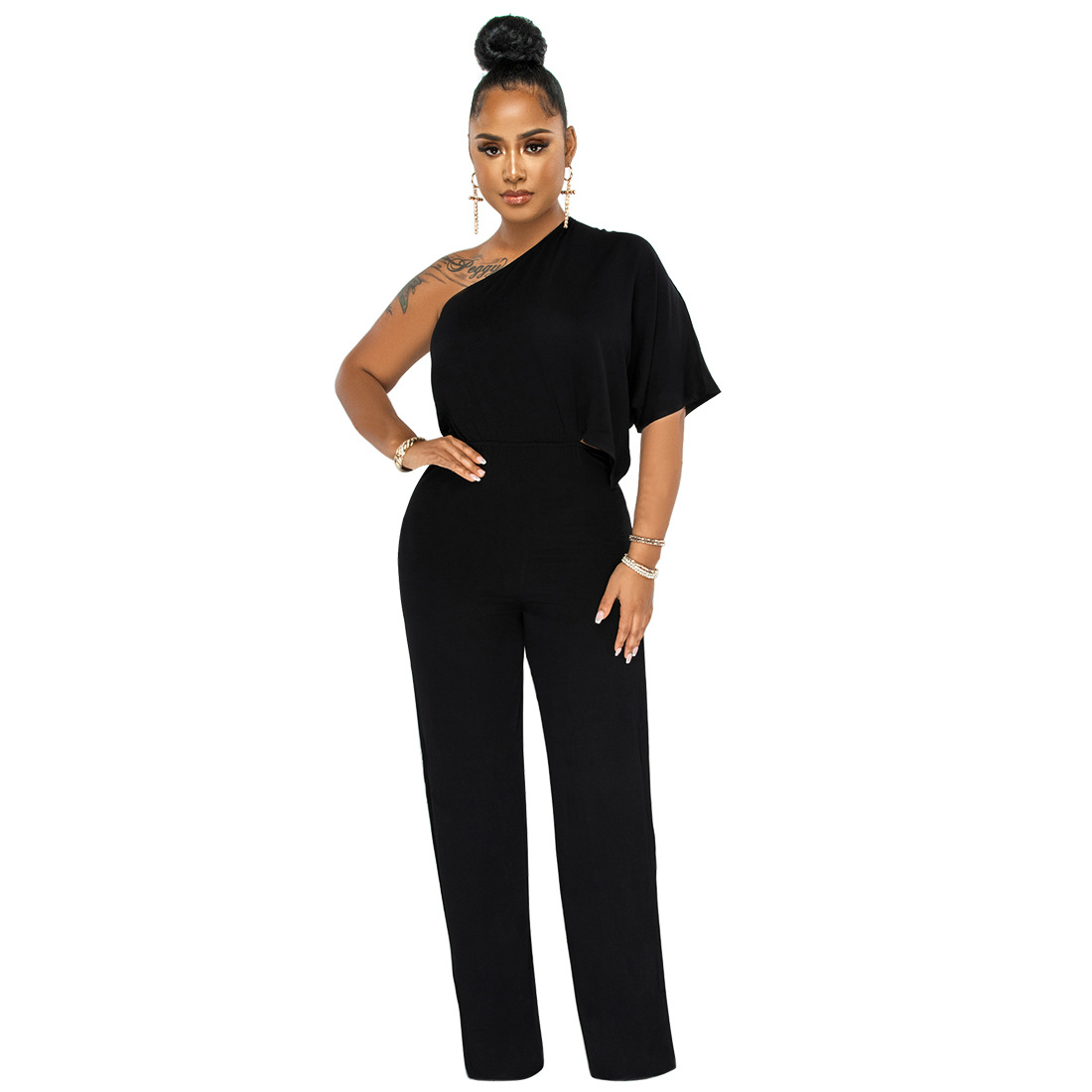 K10137 fábrica directa de pelo Amazon mujeres europeas y americanas color sólido cintura abierta un hombro pantalones casuales backless manga corta mono