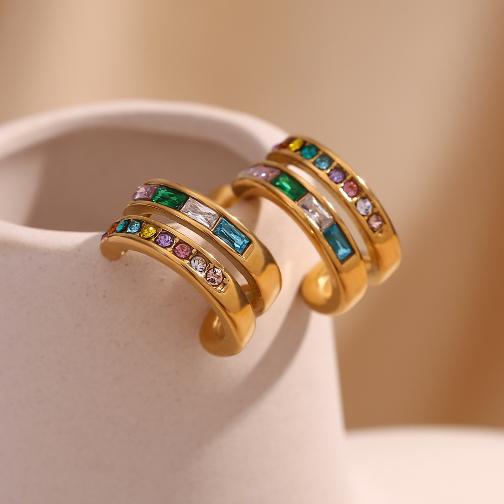 Double C-shaped Zircon Inlaid Stainless Steel Earrings