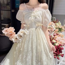 zZZZ夏季女装金丝蝴蝶结蕾丝感气质公主裙法式泡泡袖吊带连衣裙