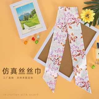 跨境春夏季丝巾女仿真丝围脖百搭小方巾礼品发带配饰印制logo批发