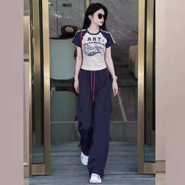 时尚上衣女装短袖长裤套装2024新款秋季慵懒松弛感韩版衣服一整套