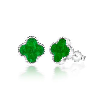 Natural Burma A Jade Flower Green Four-leaf Clover Earrings Jade S925 Silver Set Fashion Women's High-end Earrings