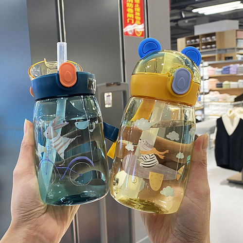 New cartoon rabbit straw cup with handle for boys, kindergarteners, babies, durable plastic cup for girls