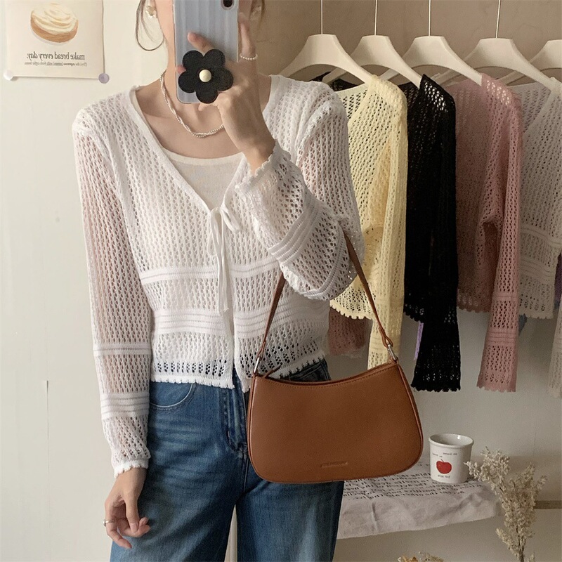 Candy-Colored Mesh V-Neck Knitted Cardigan for Women, Summer Thin Style with Drawstring, Sun Protection Clothing, Hollow Mesh Short Air-Conditioning Shirt for Women