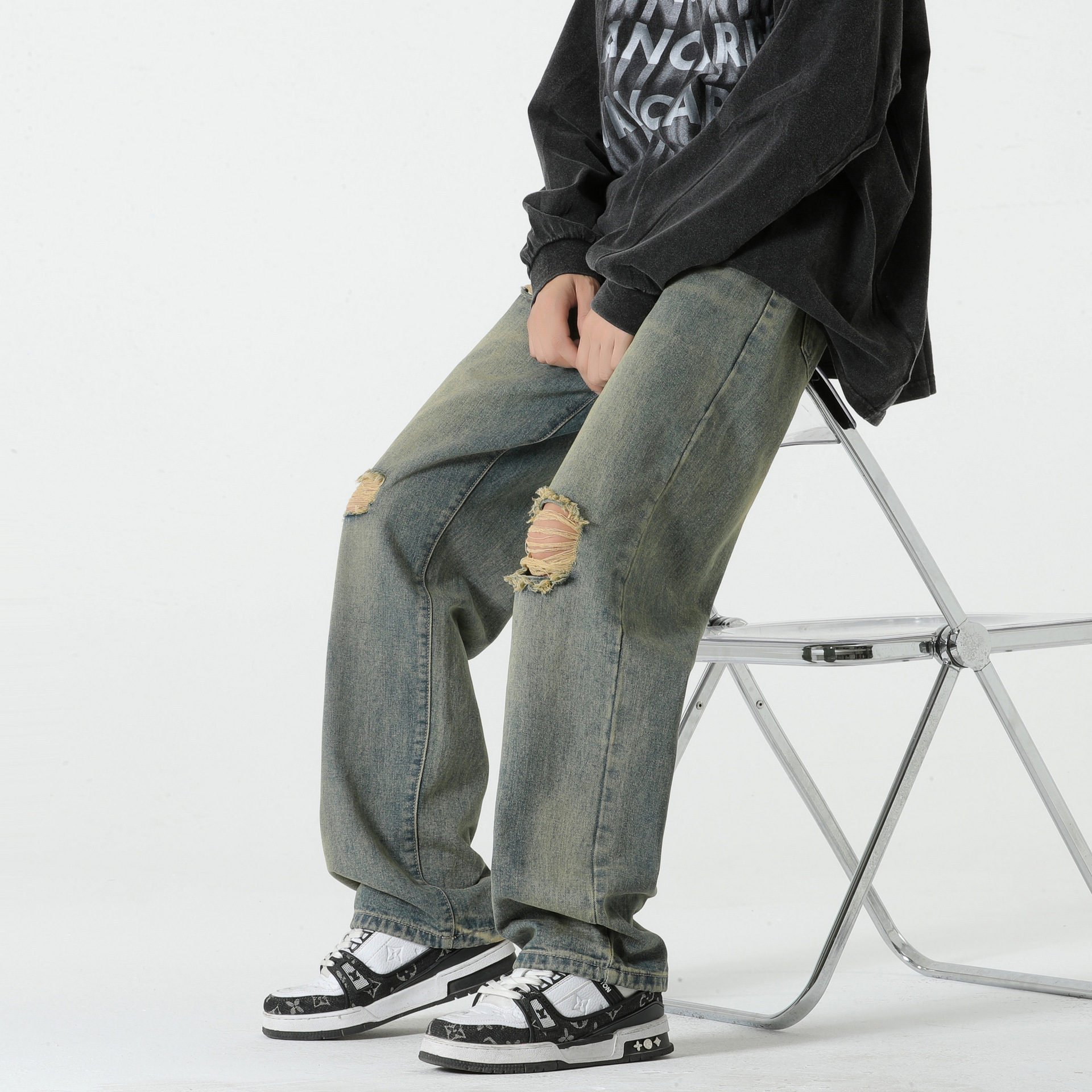 Pantalones vaqueros rasgados de los hombres de hip hop de la calle Otoño e Invierno nuevos pantalones sueltos de pierna ancha de la calle alta pantalones americanos azules retro de los hombres