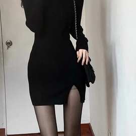 包臀裙2024新款气质辣妹连衣裙子秋冬季性感女装紧身针织黑色短裙