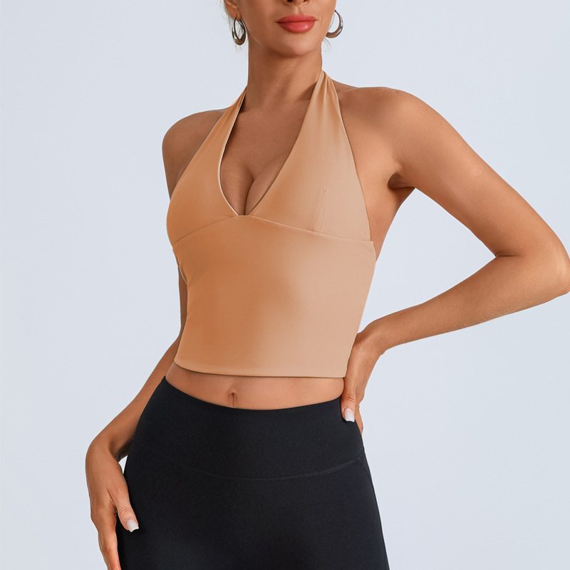 Chaleco deportivo transfronterizo europeo y americano, ropa de yoga, cuello halter femenino, cuello en V, running, fitness, espalda hermosa, top de entrenamiento de secado rápido