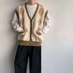 American-style Japanese-style cityboy Rhombus Knitted V-neck Sweater Vest Men's Retro Loose Vest Ins Cardigan Jacket