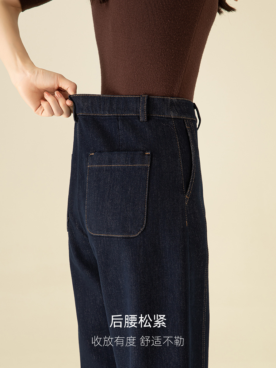 Quần jean nữ cạp cao ống rộng lót lông cừu dày dặn — Xanh denim