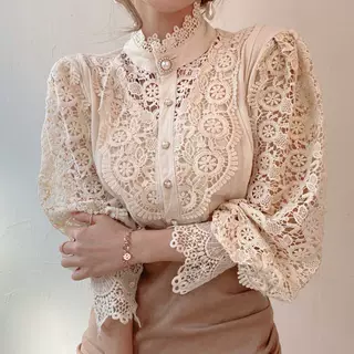 春夏复古法式小众设计感上衣蕾丝立领长袖衬衫女